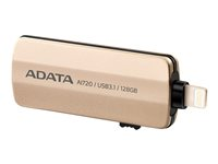 ADATA i-Memory AI720 - Clé USB - 128 Go - USB 3.1 / Lightning - or - pour Apple 10.5-inch iPad Pro; 12.9-inch iPad Pro; 9.7-inch iPad (5th generation); 9.7-inch iPad Pro; iPad Air; iPad Air 2; iPad mini 2; 3; 4; iPhone 6s, 6s Plus, 7, 7 Plus, 8, 8 Plus, X AAI720-128G-CGD